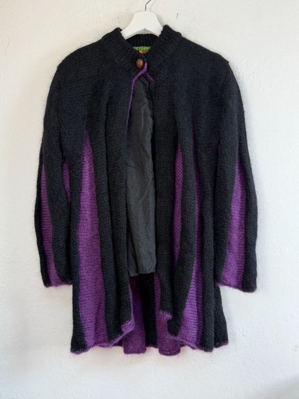 Jing Liang Art To Wear Black Purple Striped Knit Cardigan Sweater Size Medium